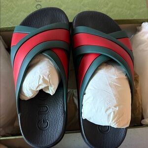 Gucci Black Slides with Red and Green Straps